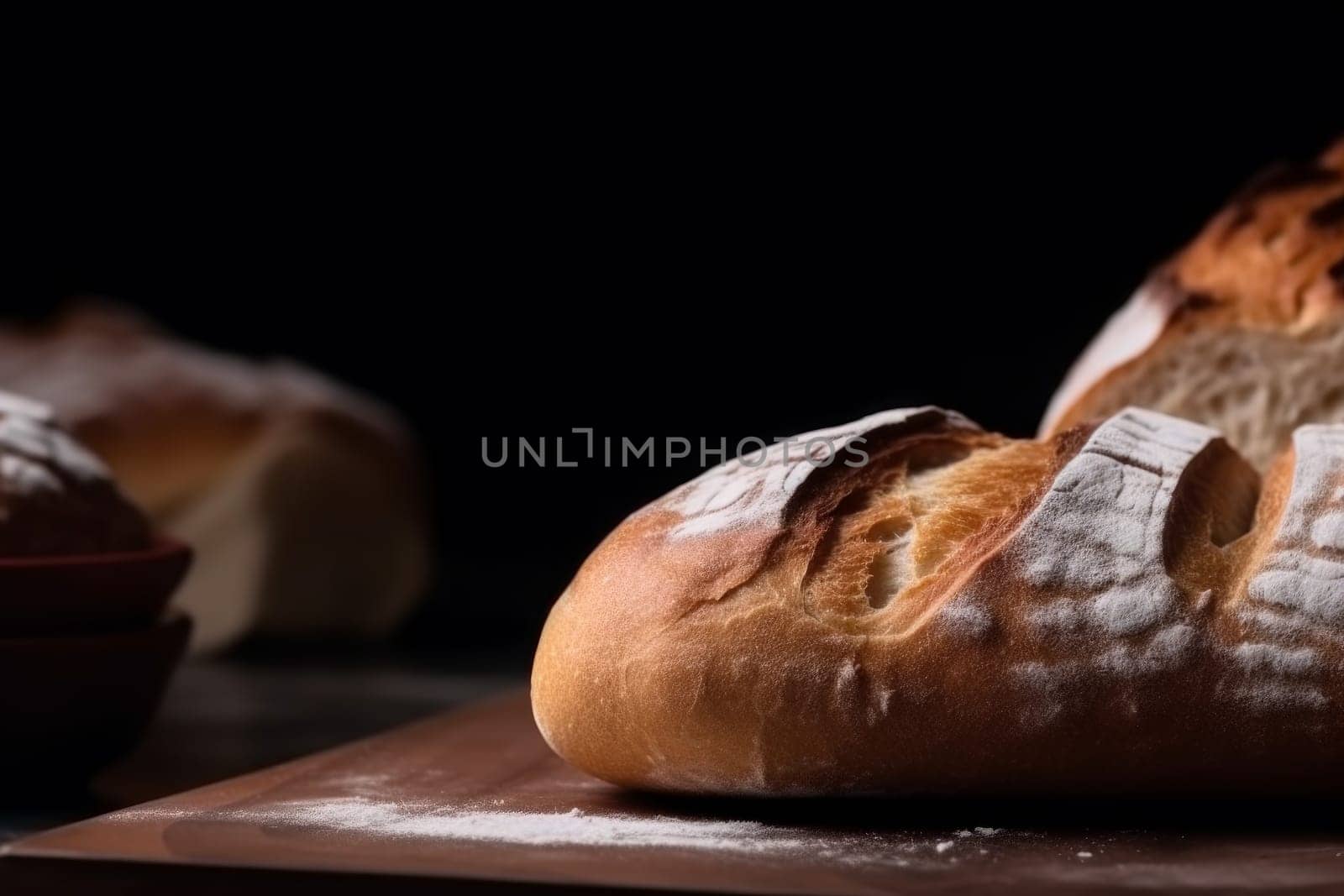 Baked bread closeup. Fresh baker. Generate Ai