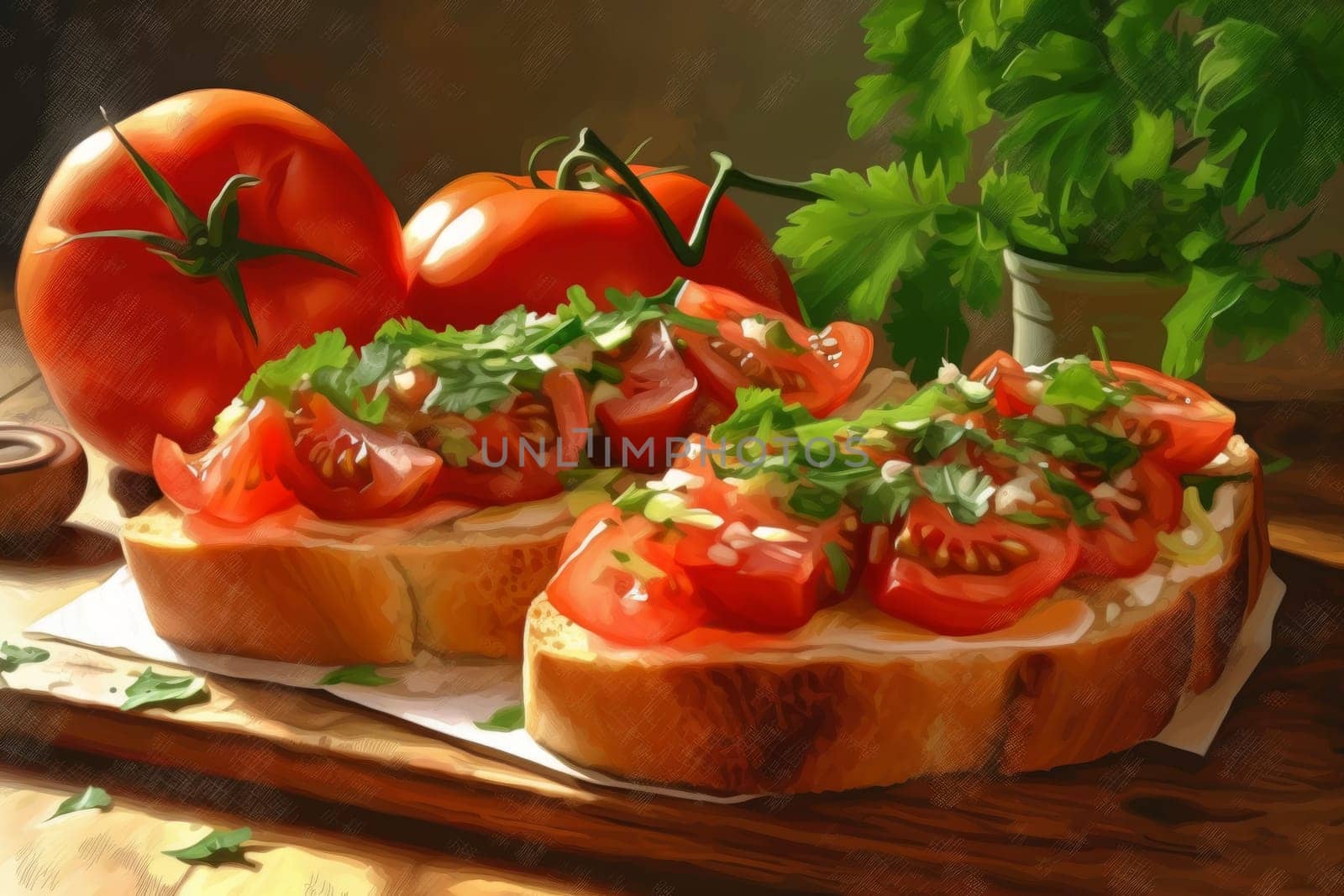 Eco bruschetta tomato. Basil food. Generate Ai