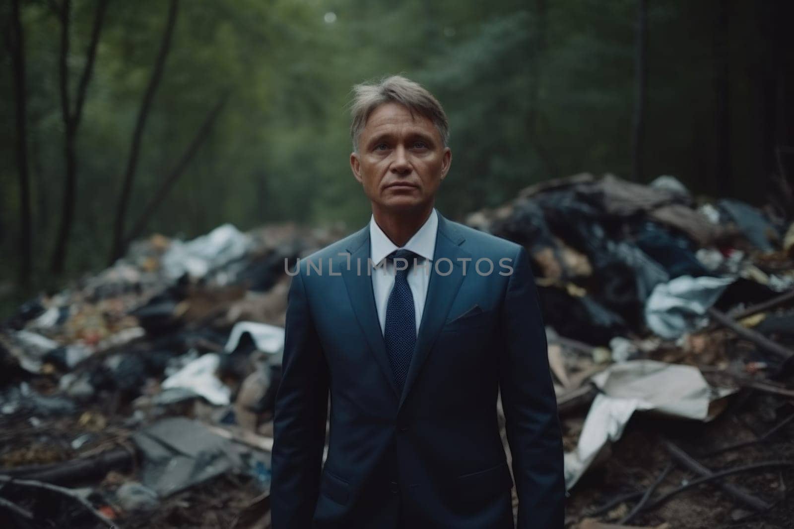 Businessman in suit stands in garbage forest. Work poor. Fictional person. Generate Ai