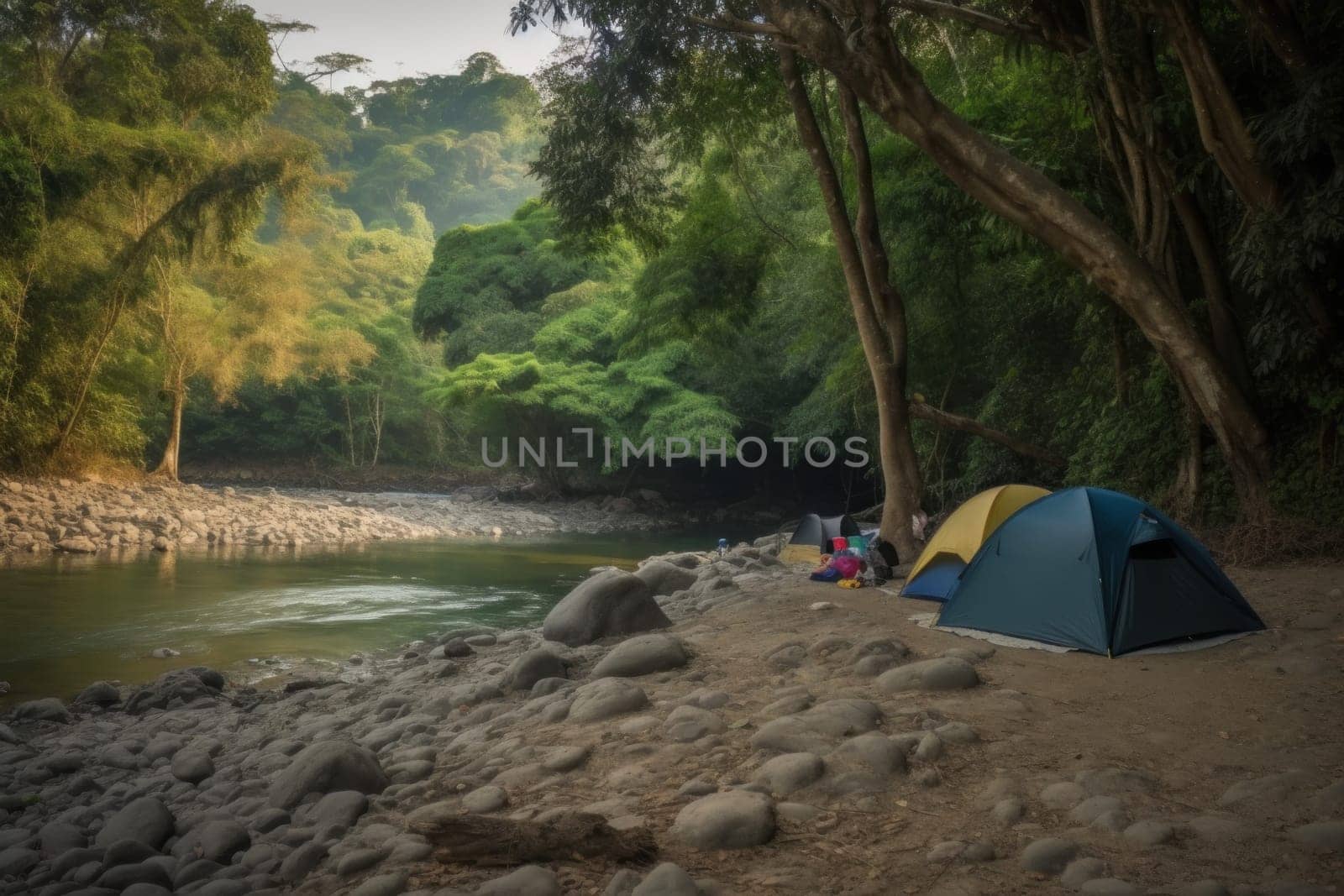 Camping jungle tent river. River summer. Generate Ai