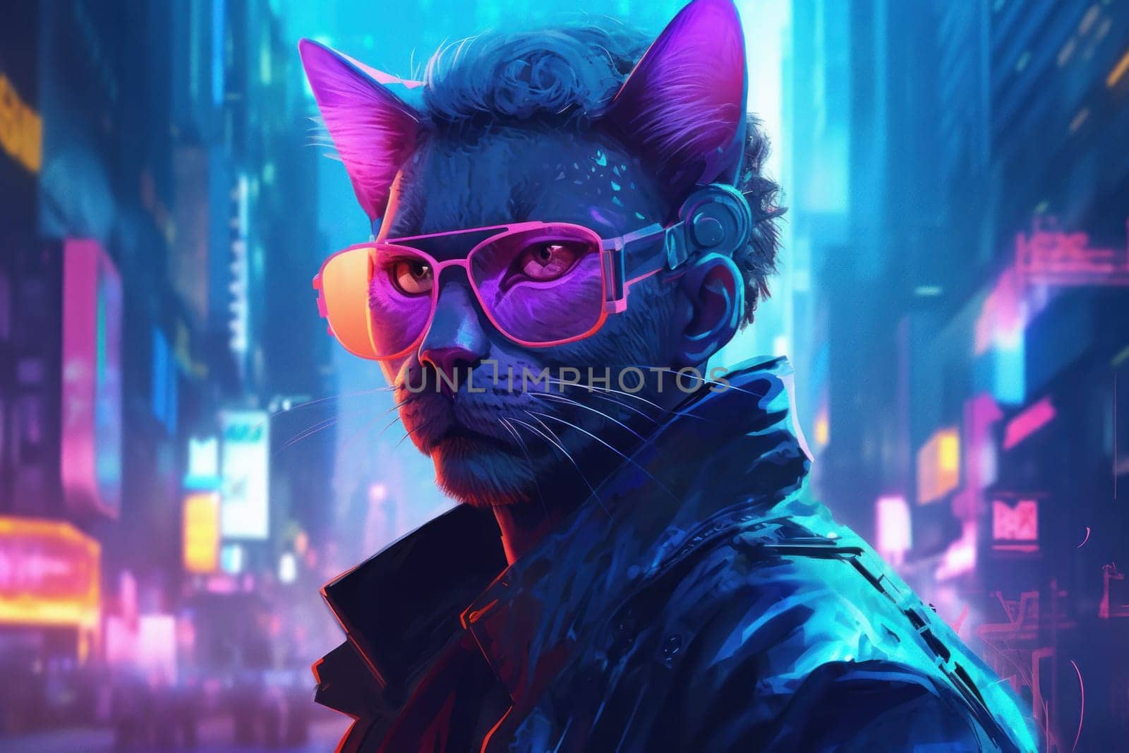 Cat cyberpunk glasses. Neon kitty. Generate Ai