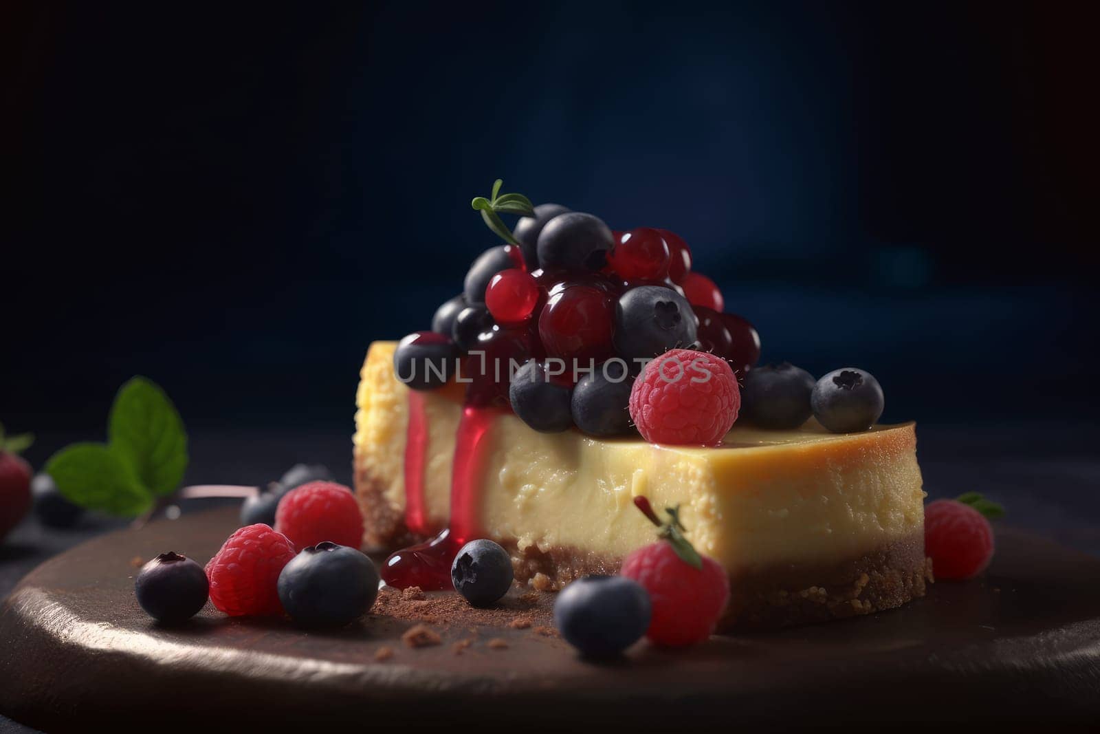 Cheesecake berries closeup. Generate Ai by ylivdesign