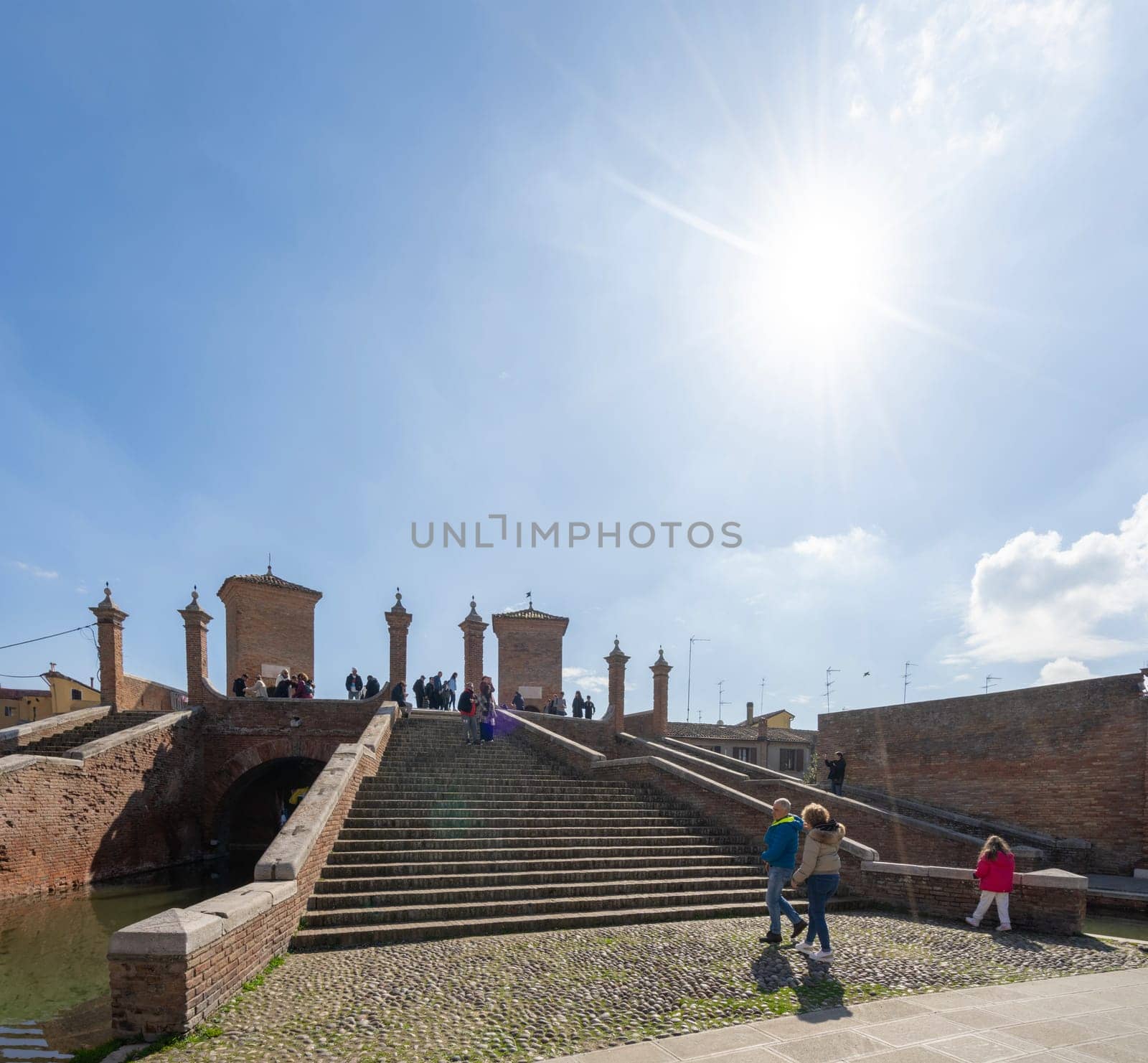 Comacchio, Italy. February 25, 2024.  view of Trepponti Bridge in the center of the town