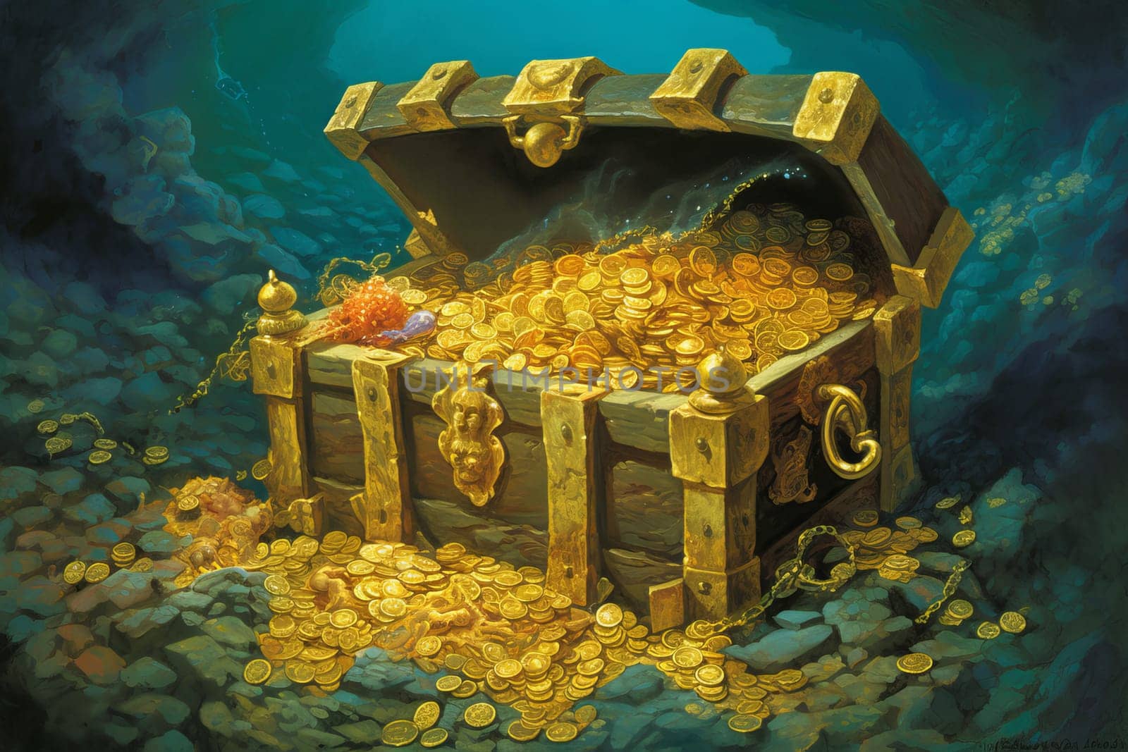 Chest with gold coins. Ancient pirate box. Generate Ai