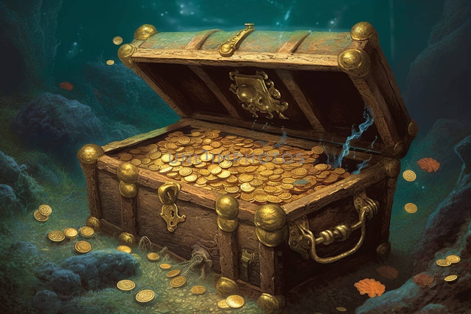 Chest wooden with gold coins. Pirate golden. Generate Ai