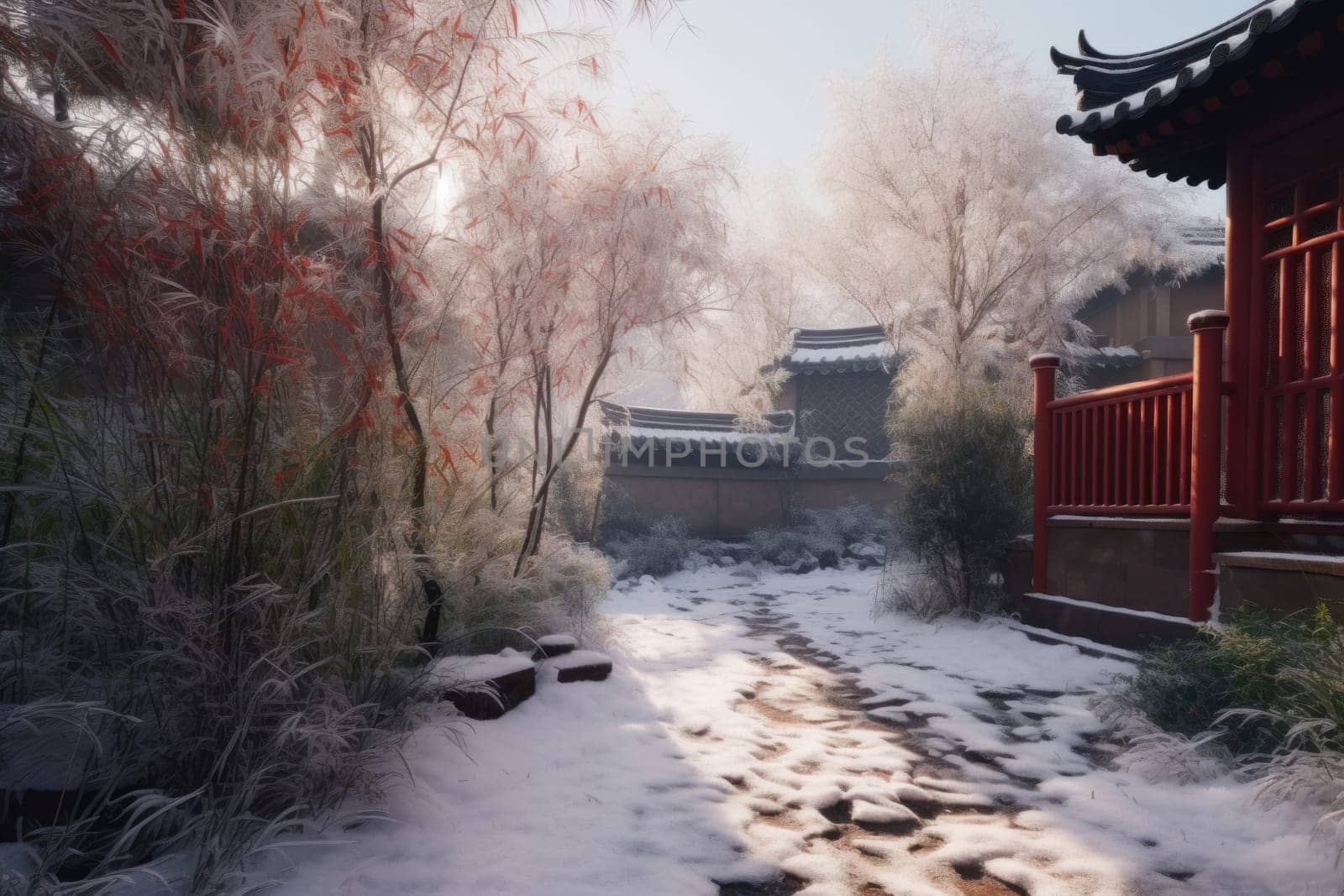 China house winter yard. Generate Ai by ylivdesign