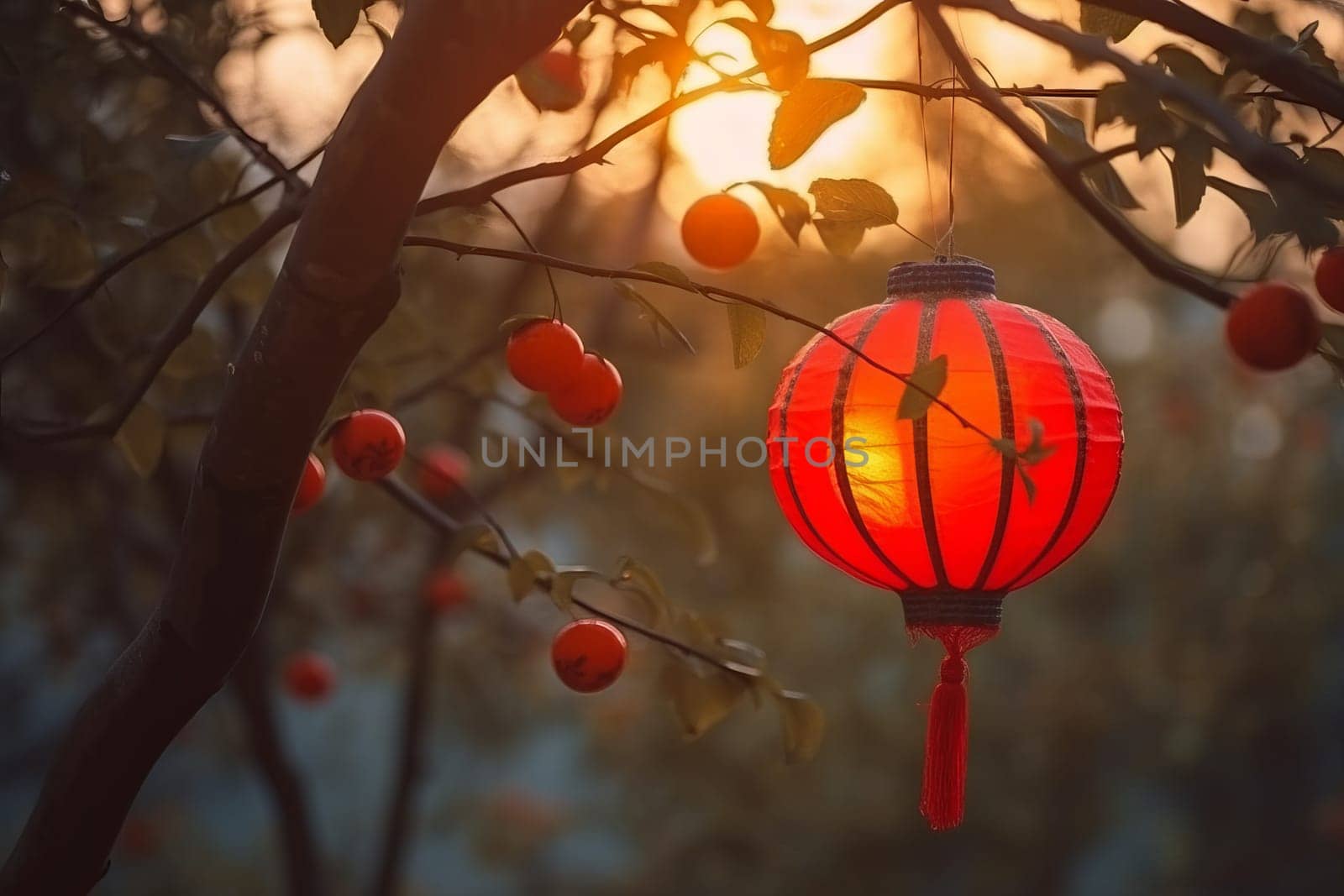 Chinese lantern on tree. Travel paper tradition. Generate Ai
