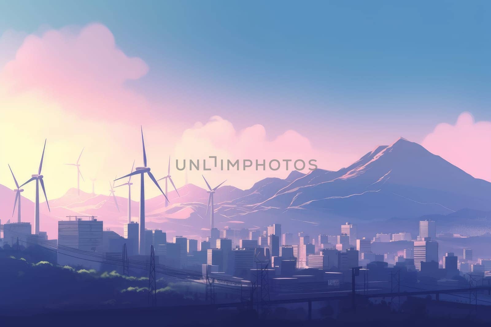 City wind turbines. Generate Ai by ylivdesign