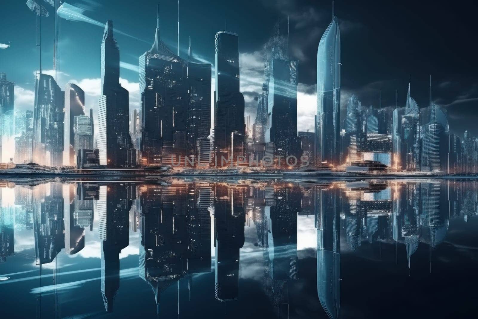 City harbor in water. Generate Ai by ylivdesign