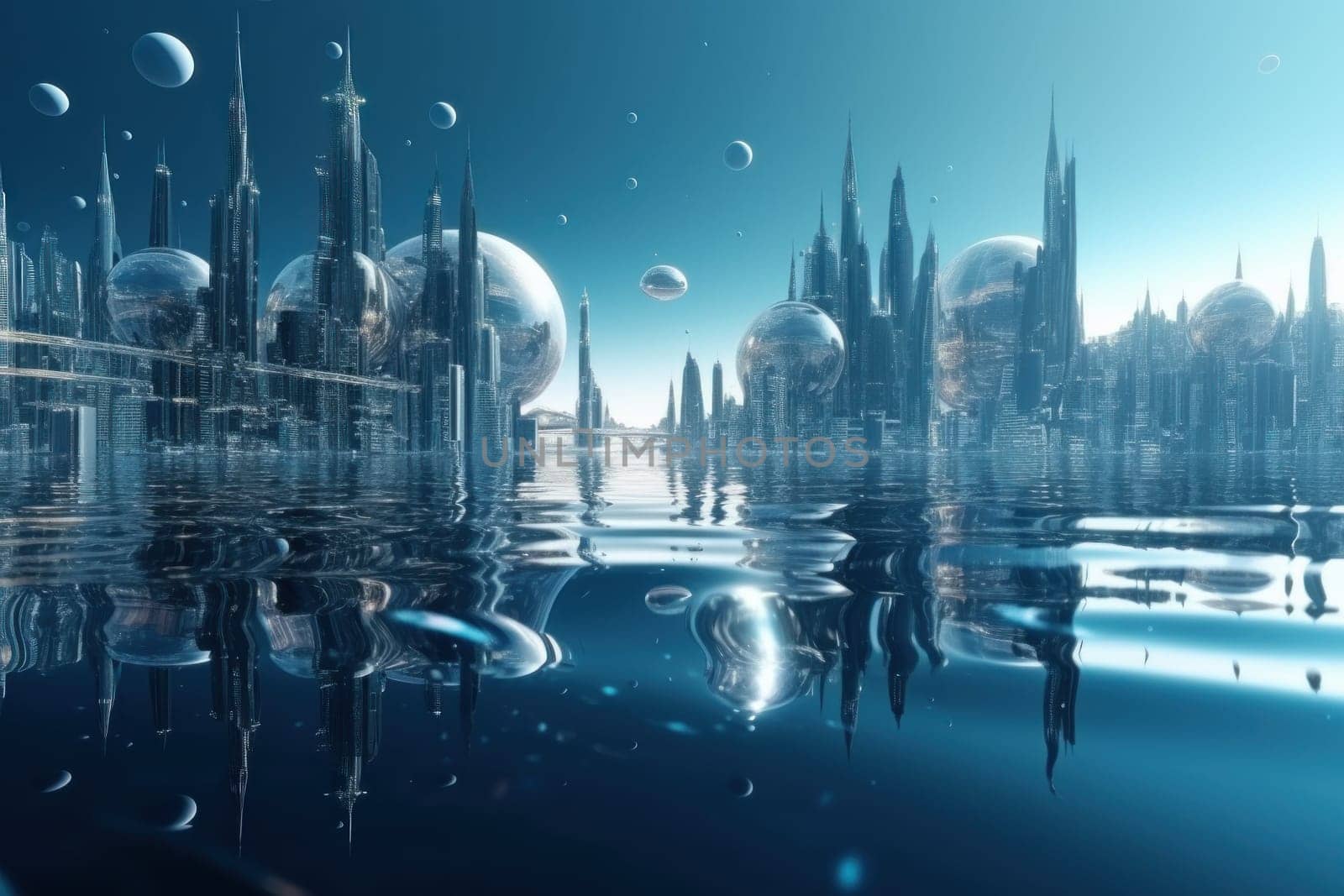 Futuristic city harbor in water. Generate Ai by ylivdesign