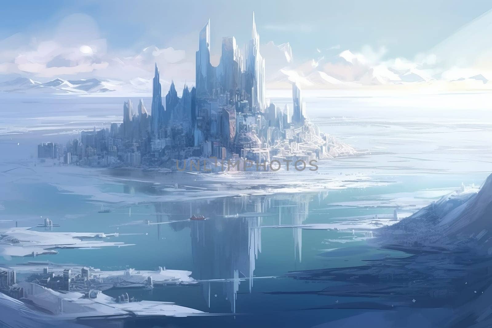 Castle city on ice island. Snow frost. Generate Ai