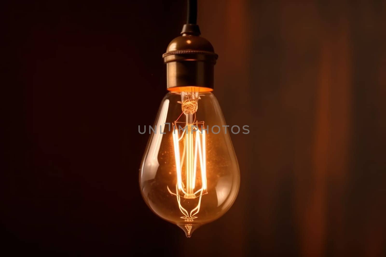 Classic edison bulb in room. Dark lamp energy. Generate Ai