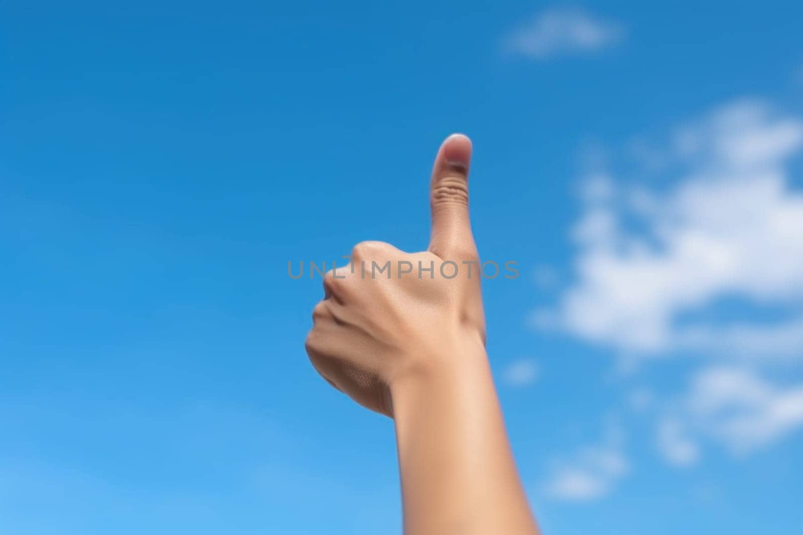 Thumb up finger on sky. Happy agree. Generate Ai