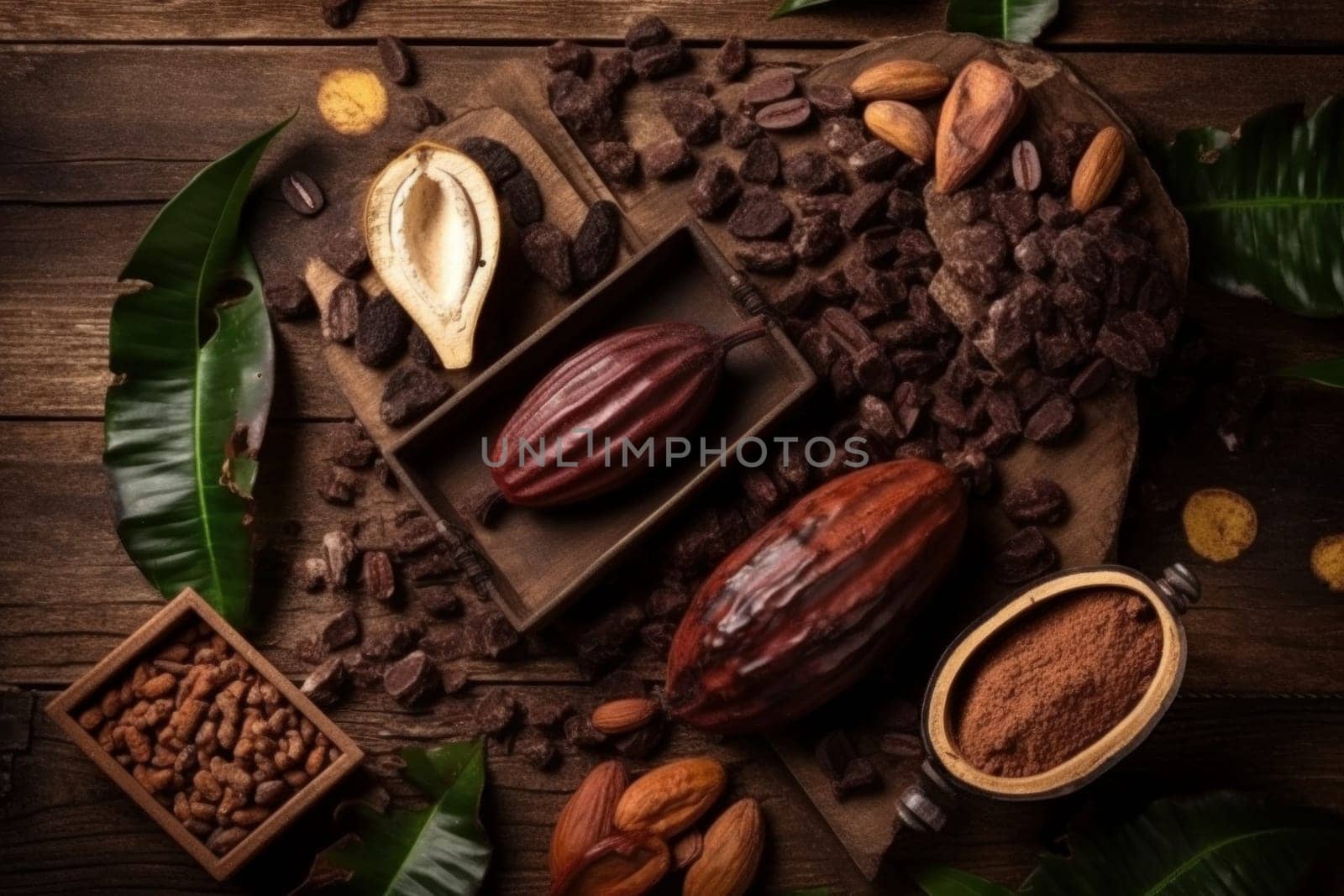 Cocoa pod products on table. Nature raw organic. Generate Ai