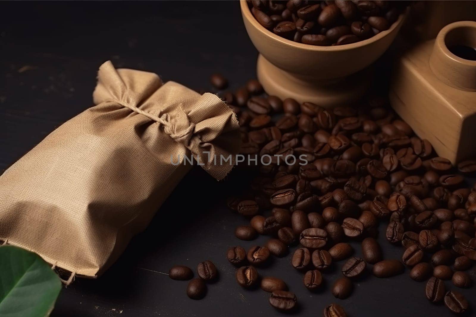 Coffee beans in sack. Dark drink. Generate Ai