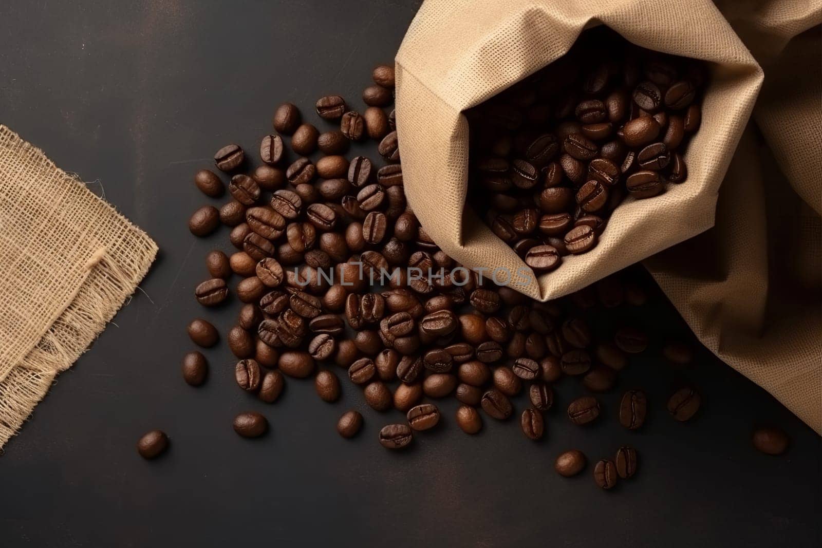 New sack of coffee beans. Dark drink. Generate Ai