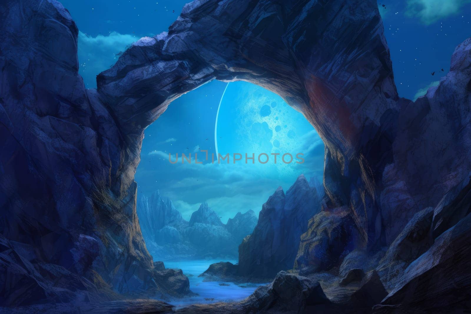 Planet blue mountain landscape. Portal magic. Generate Ai