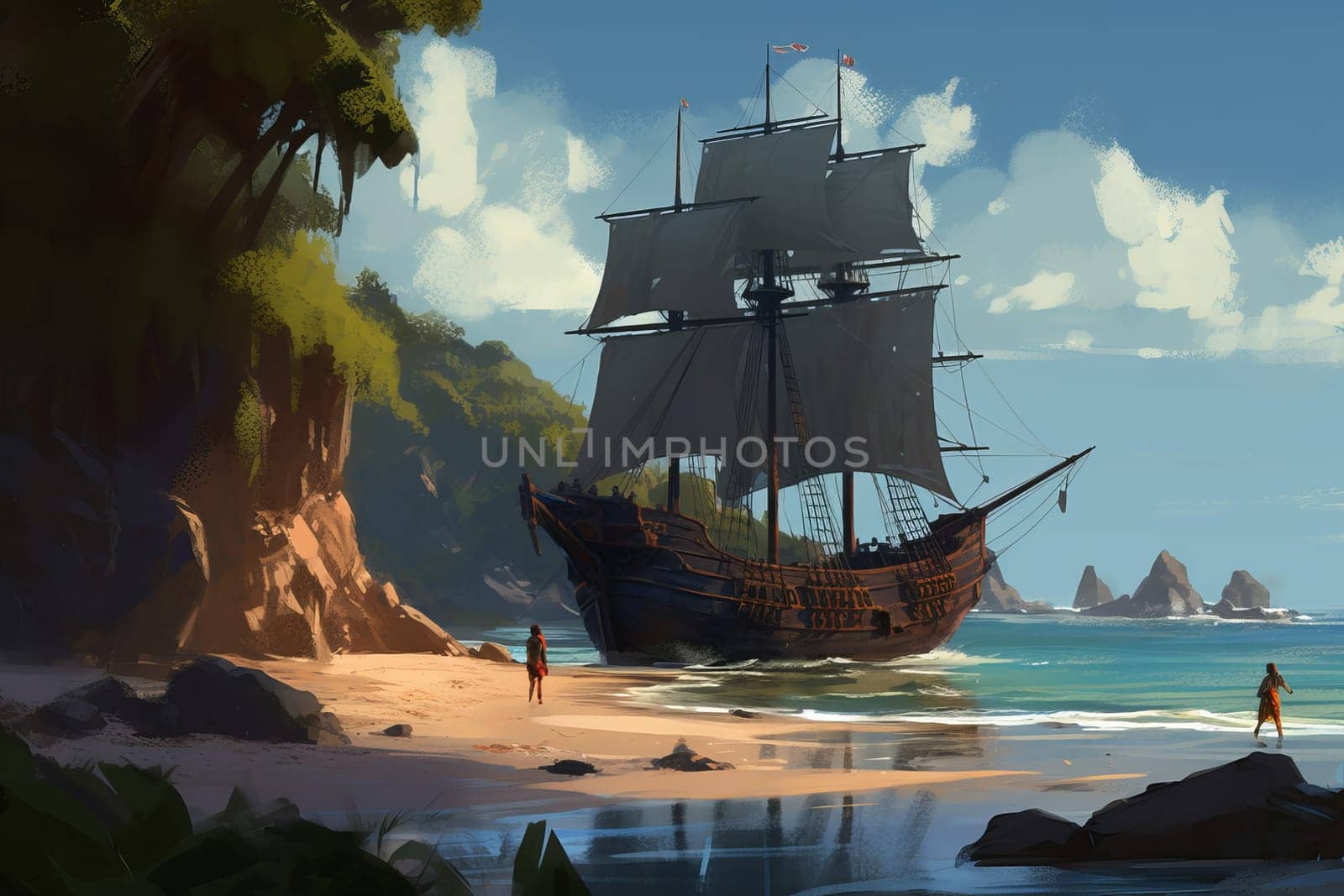 Pirate ship on tropical beach. Sand travel. Generate Ai