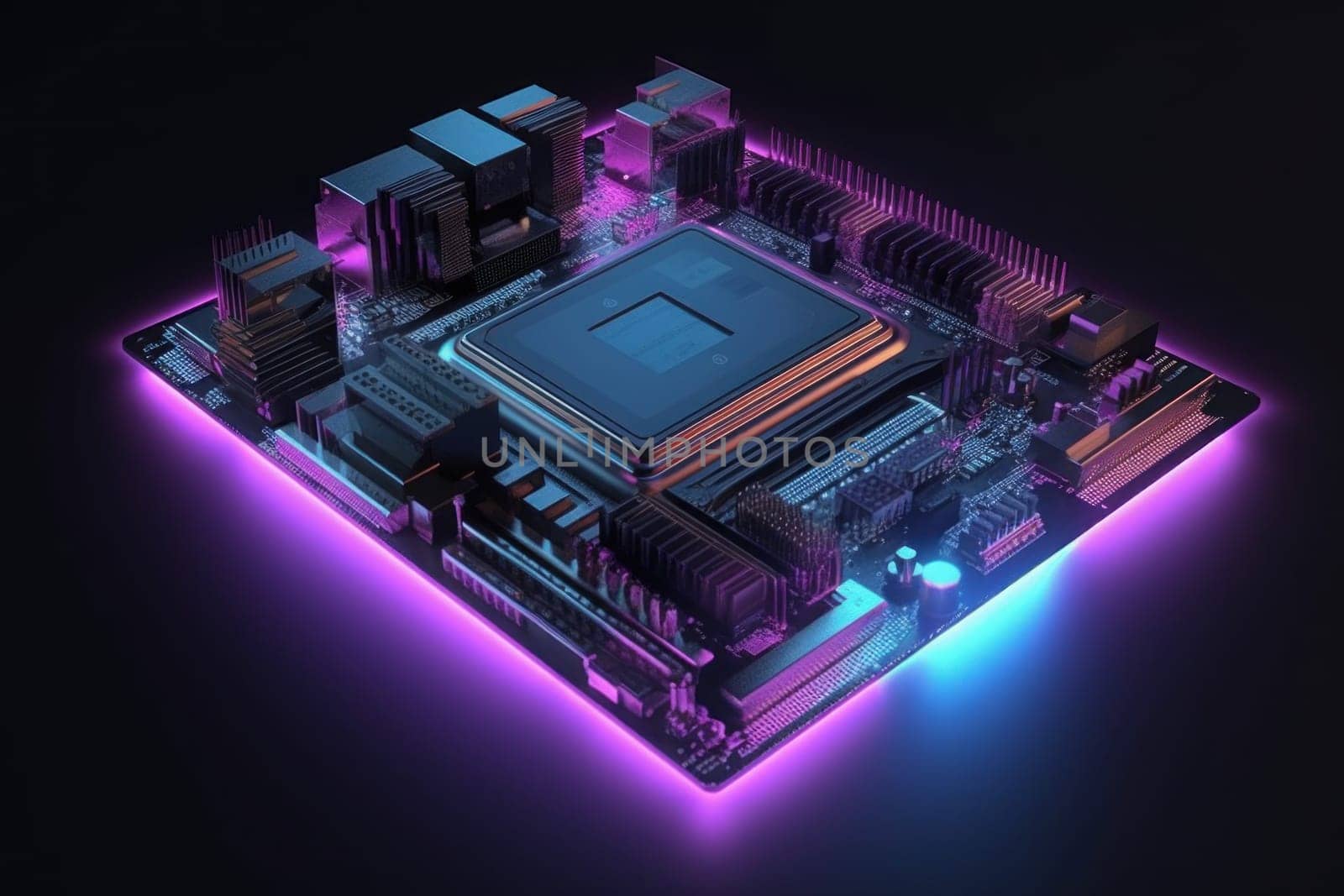 Cpu motherboard neon. Digital hardware. Generate AI