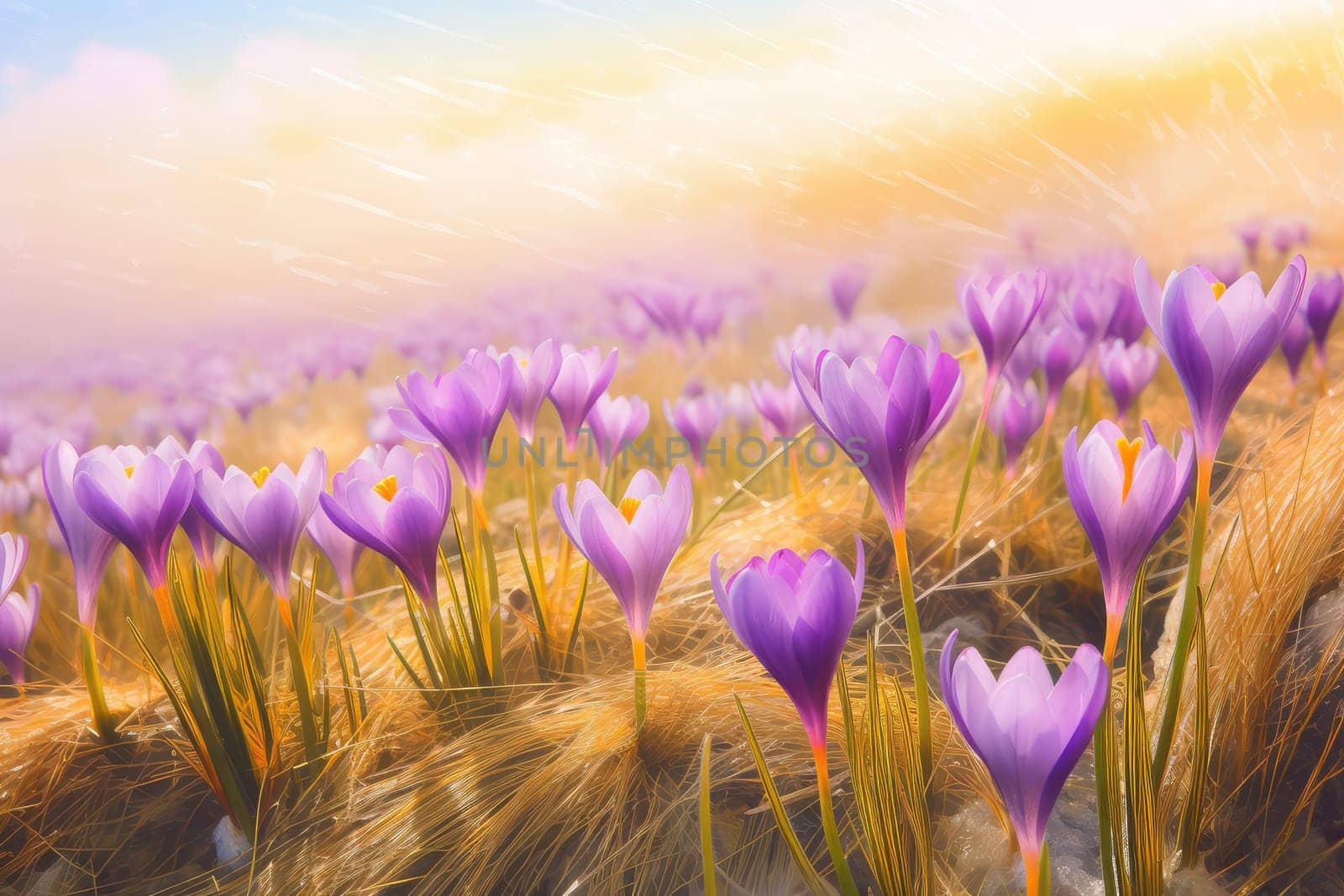 Sunny crocus field. Generate AI by ylivdesign
