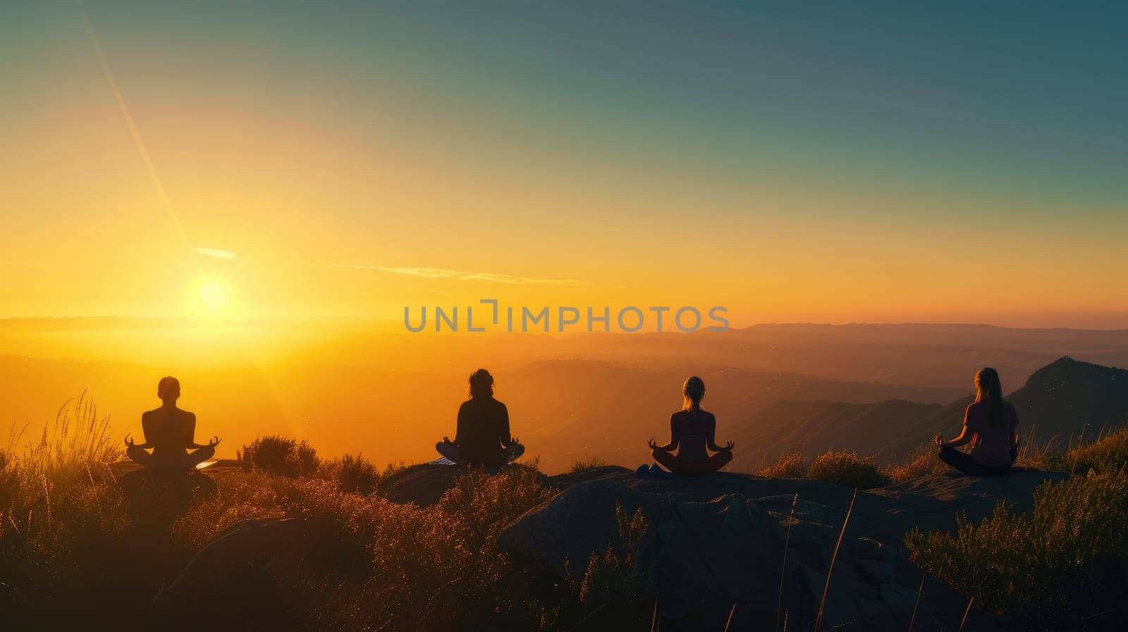 Group of people practicing yoga poses at sunrise on a mountain peak above the clouds, symbolizing peace and mindfulness. Resplendent.