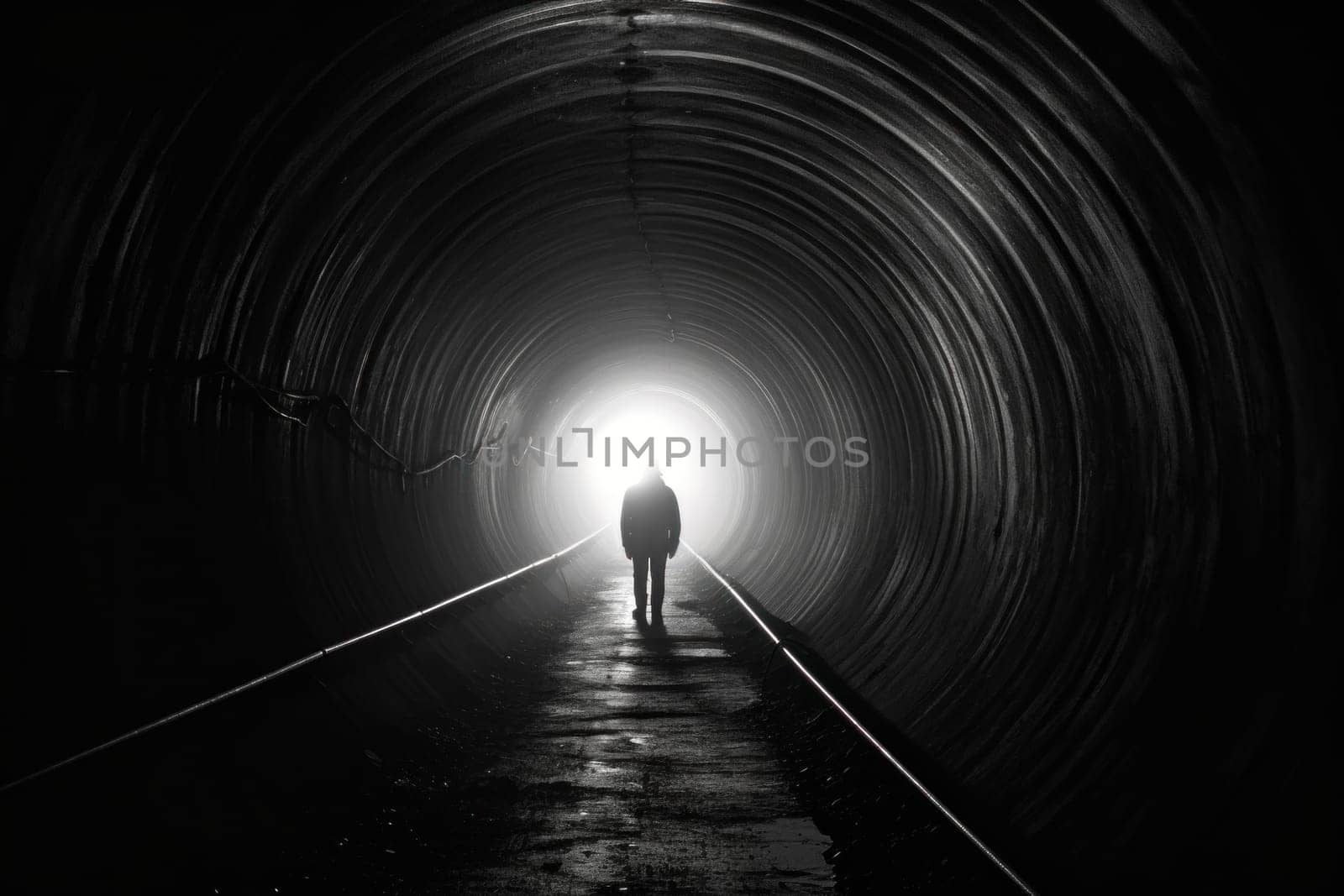 Dark tunnel with man in light. Generate Ai by ylivdesign