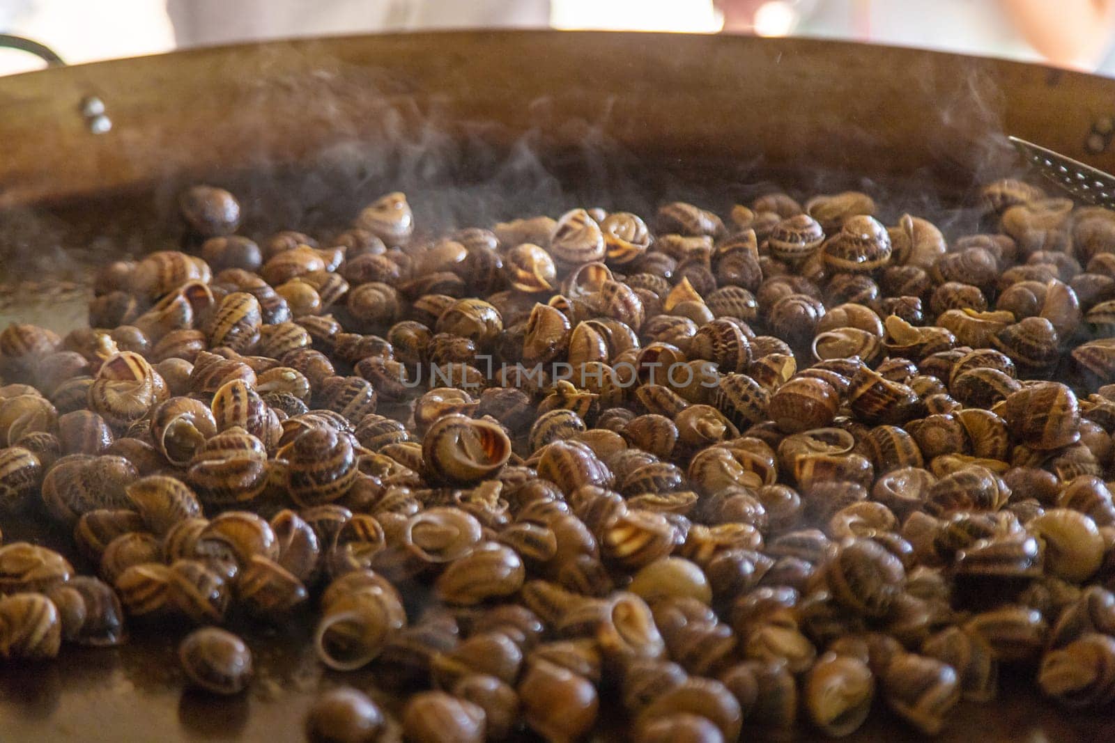 escargot is fried in a frying pan. Selective focus. by yanadjana