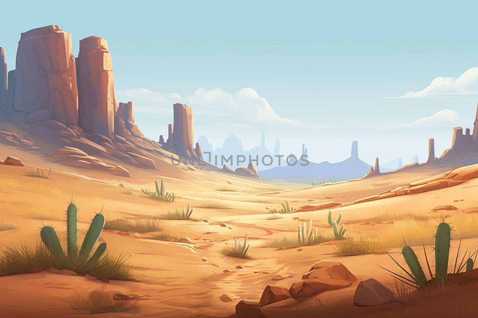 Desert landscape with cactus. Nature sun. Generate Ai