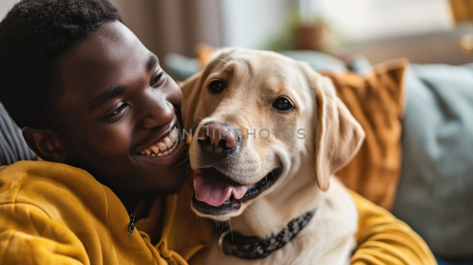 happy people at home with favorite pet , love and friendship of human and animal pragma