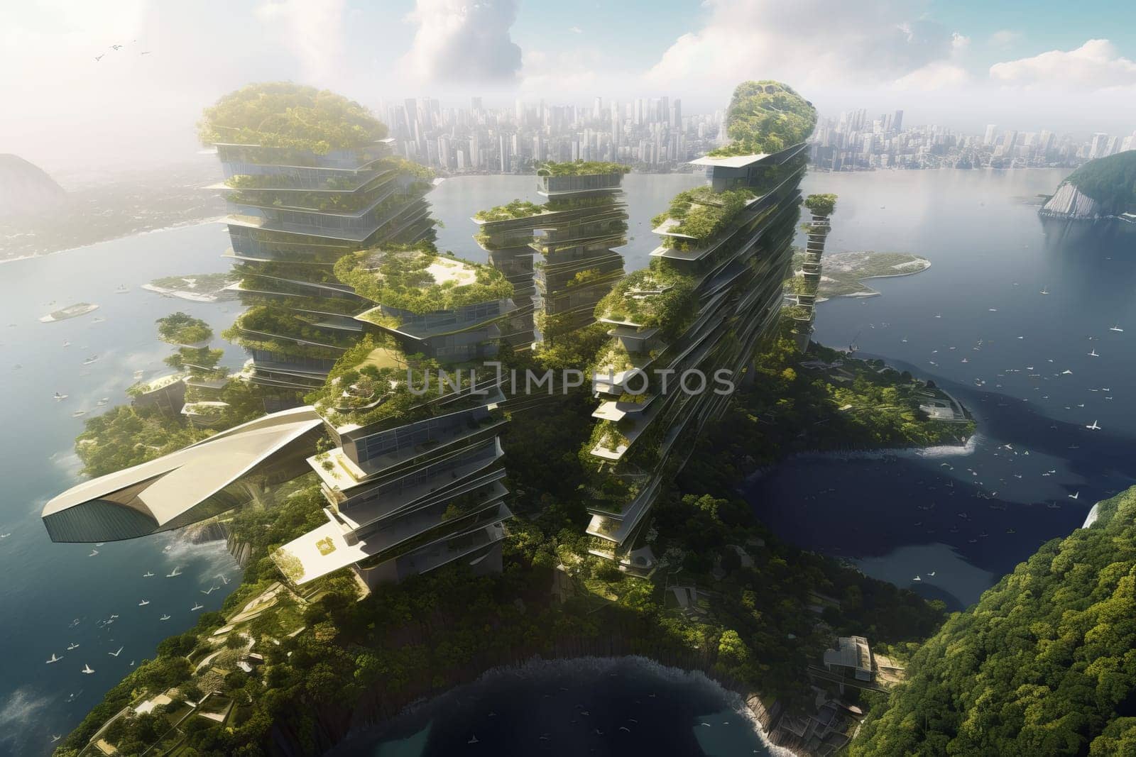 Ecological island city. Energy nature. Generate Ai