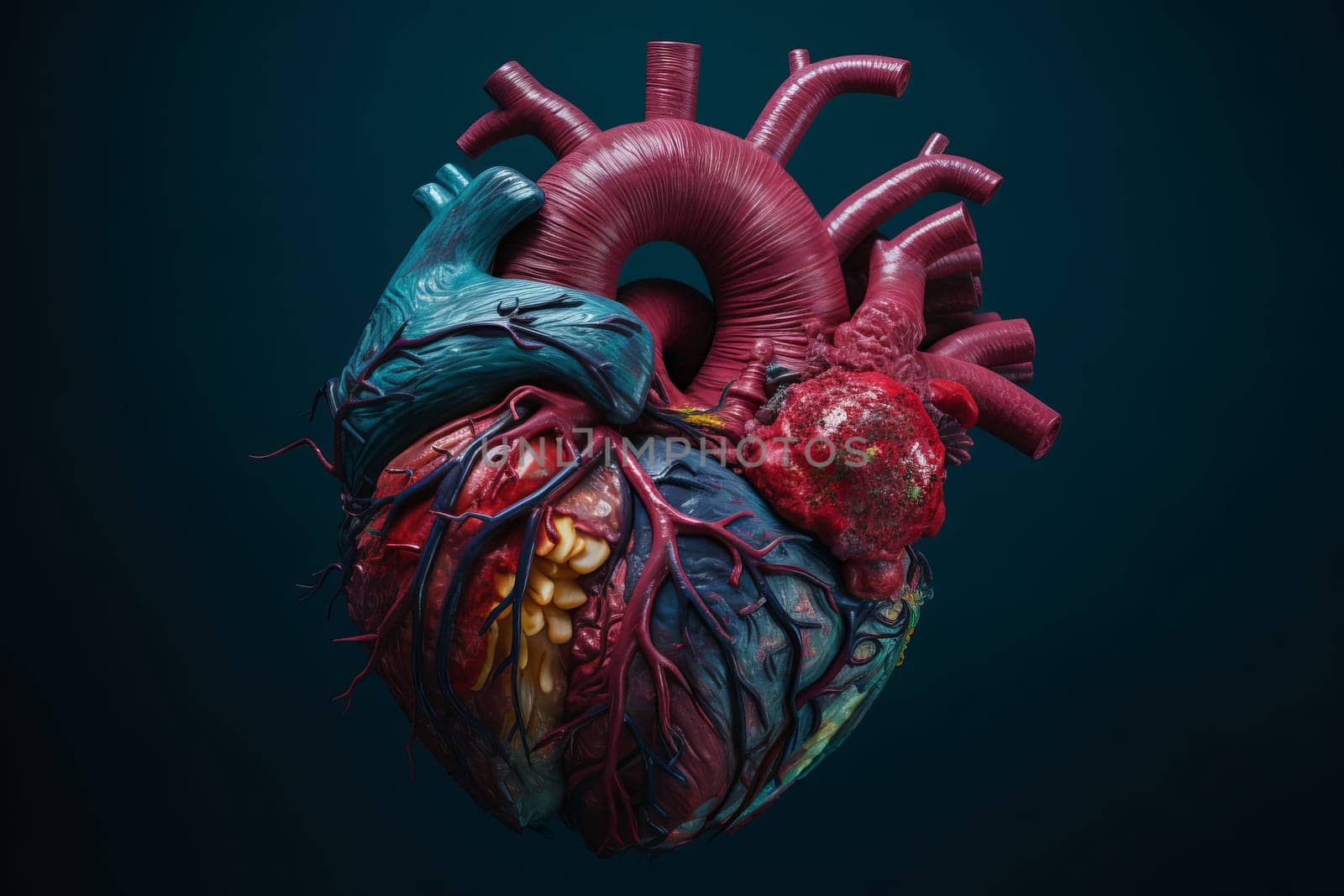 Blue red heart. Care muscle organ. Generate Ai