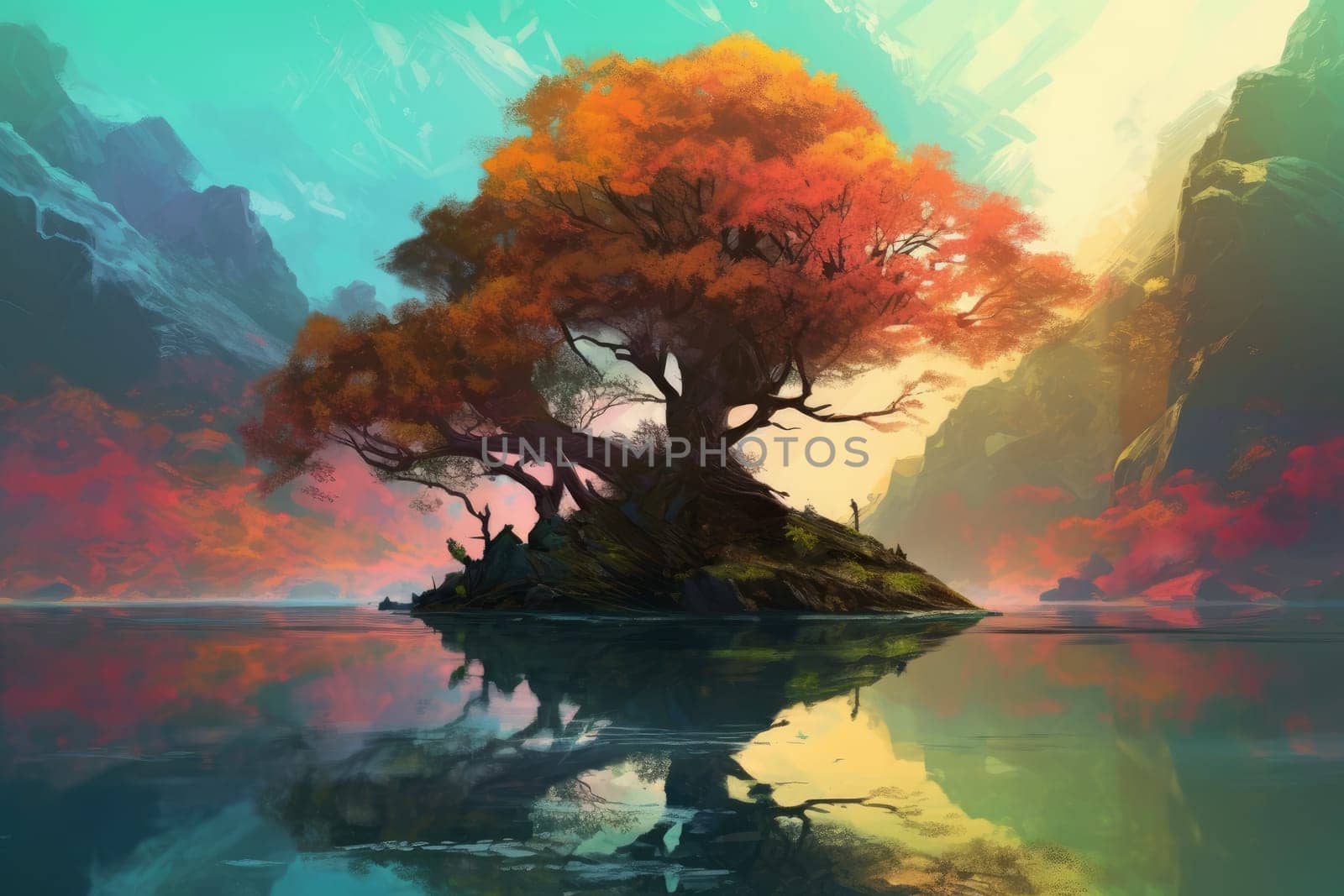 Fantasy land with tree. Generate Ai by ylivdesign