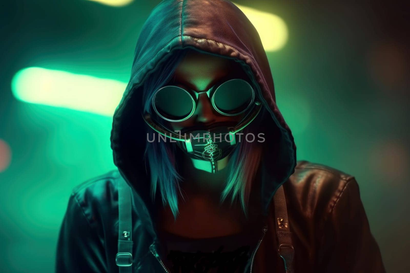 Cyberpunk girl in leather. Fantasy gamer. Fictional person. Generate Ai
