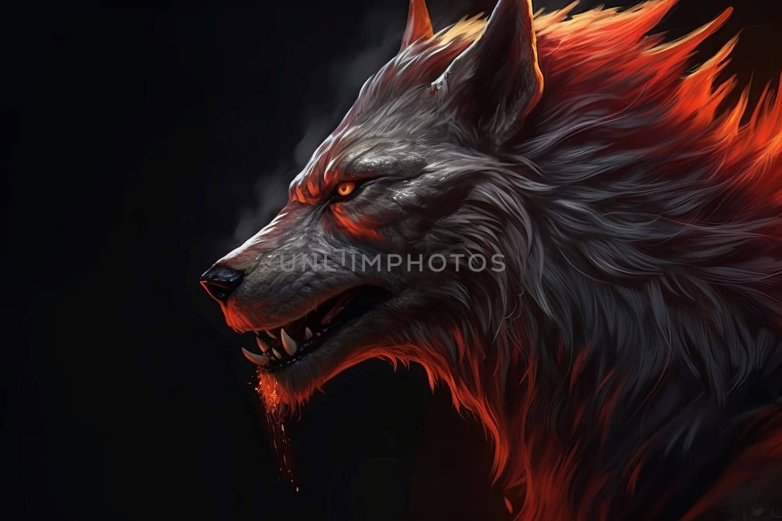 Fiery wolf fantasy. Fire animal. Generate Ai