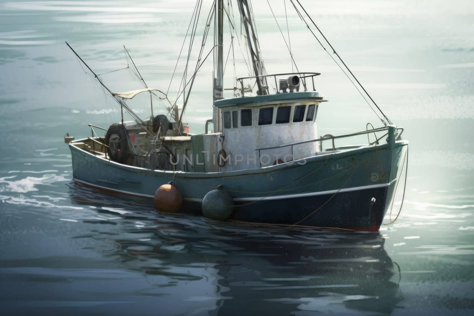 Sea fishing boat. Seafood net. Generate Ai
