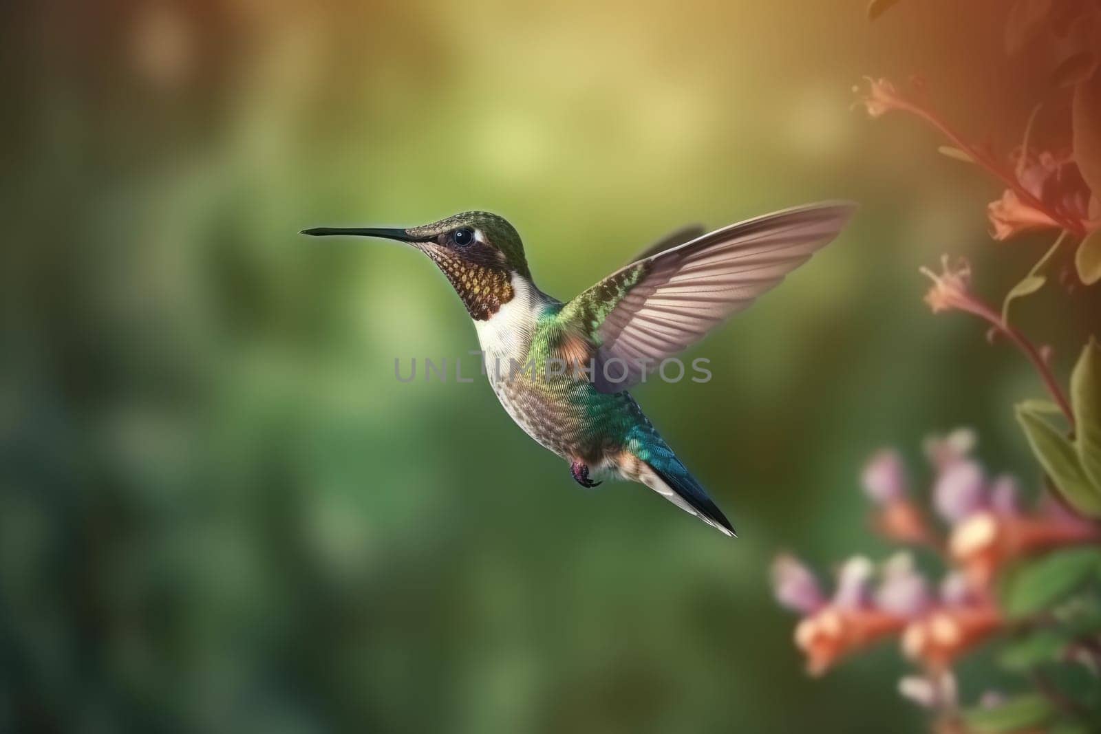 Flying hummingbird. Flower bird nature. Generate Ai
