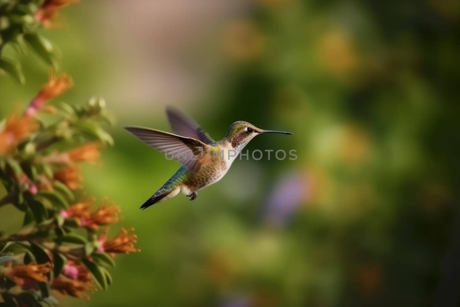 Flying hummingbird near flower. Generate Ai by ylivdesign
