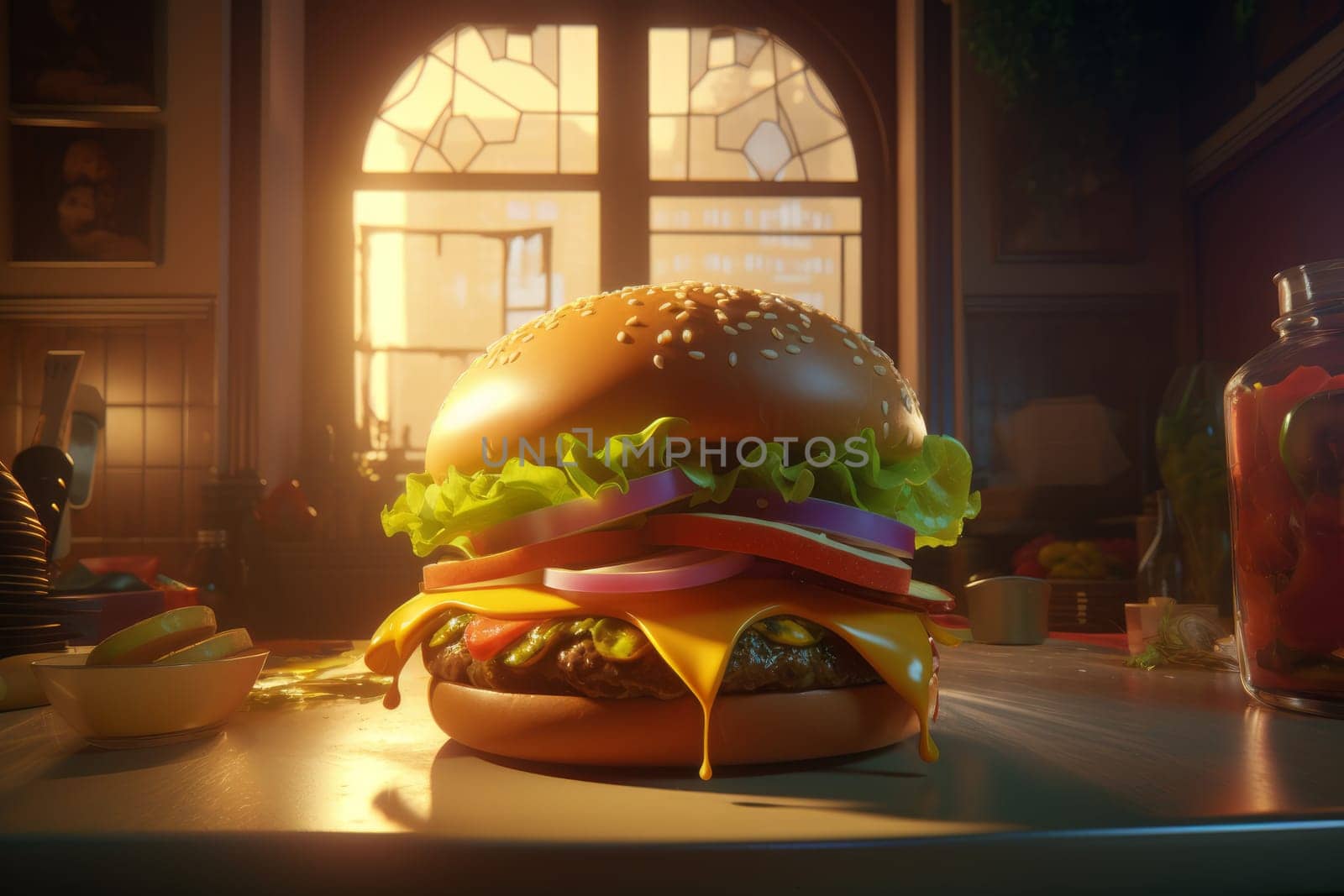 Fresh big cheeseburger. Generate Ai by ylivdesign