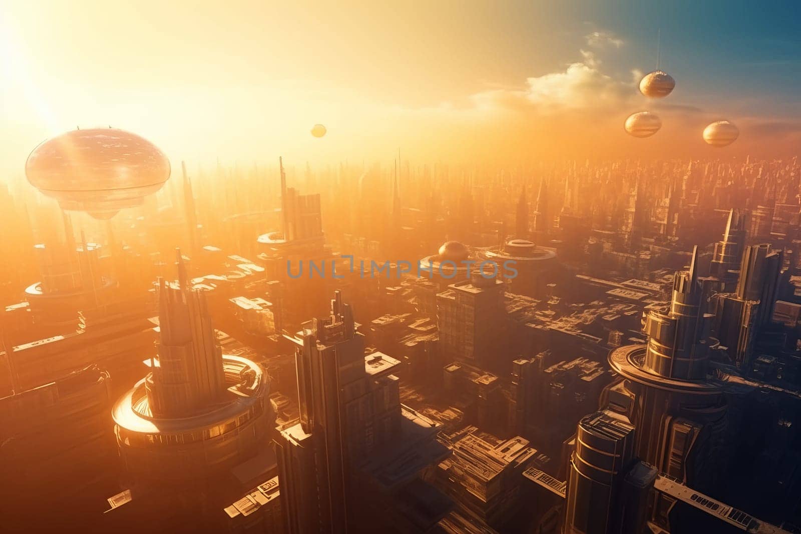 Futuristic tech city in sun light. Space science. Generate Ai