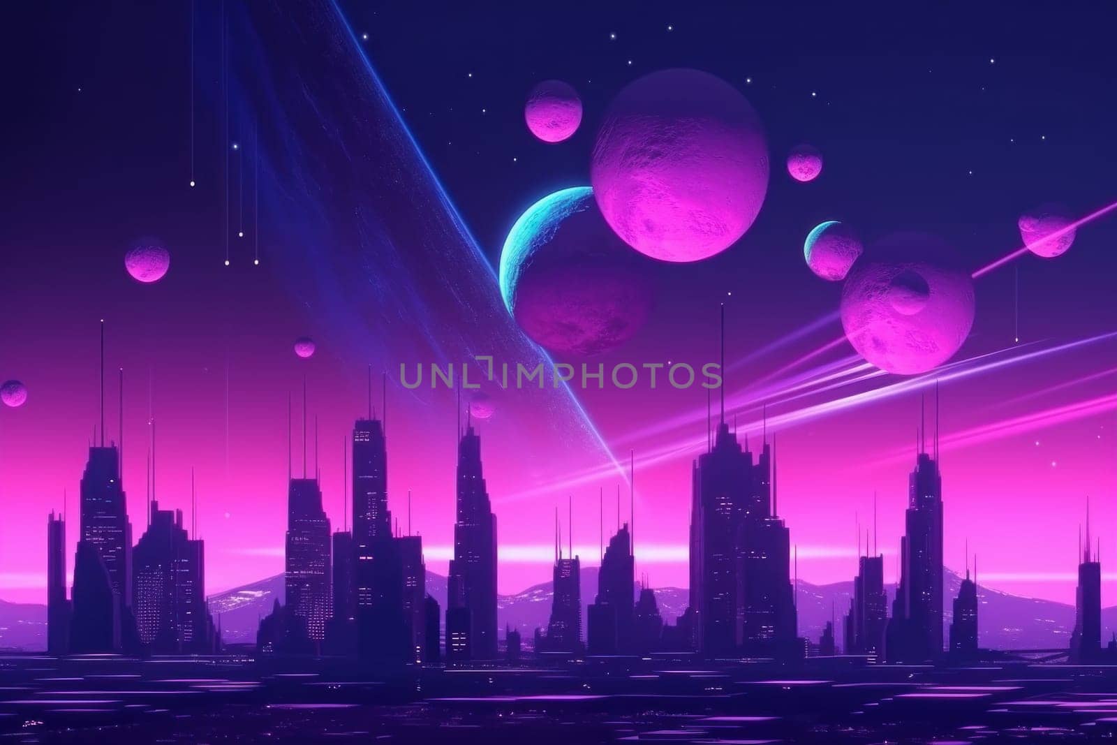Futuristic cyber purple city. Generate Ai by ylivdesign