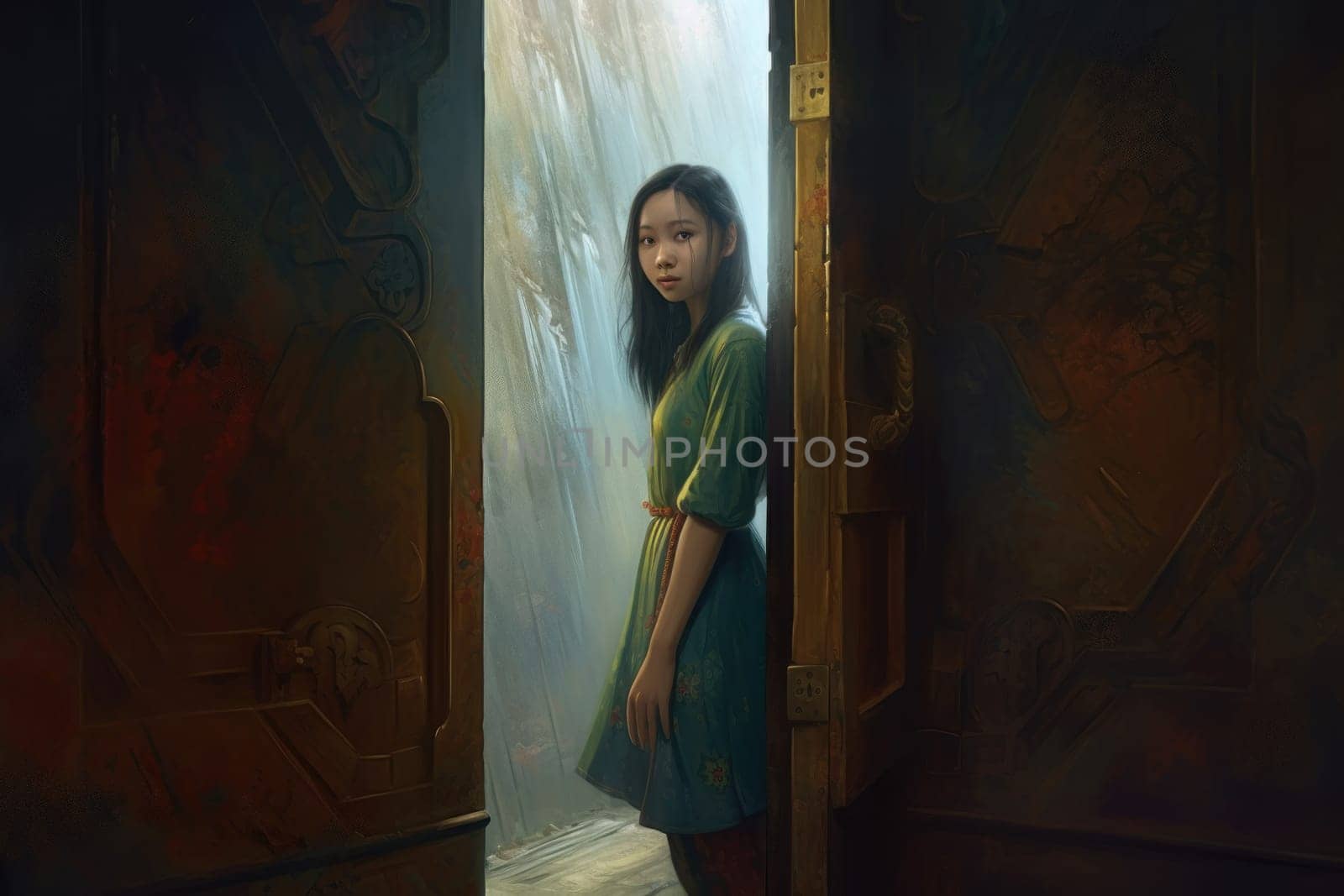 Girl entering in horror room. Door fantasy. Fictional person. Generate Ai