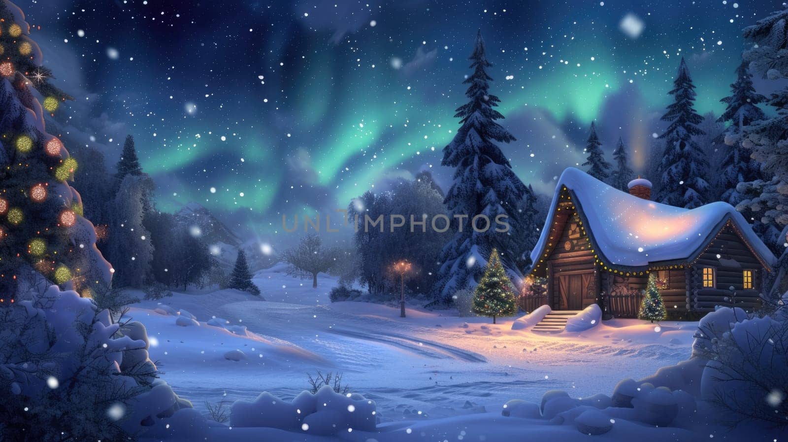 A cozy cabin nestles in a snow-laden landscape, with the mesmerizing Northern Lights dancing in the sky above the towering mountains. Resplendent.