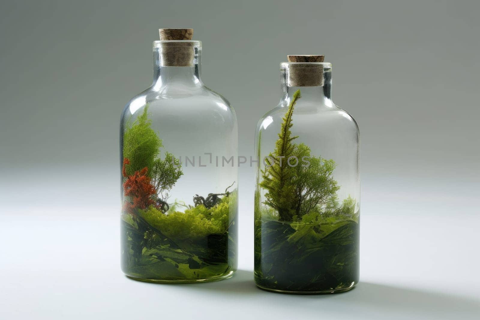 Glass bottle with green ecosystem decor. Generate Ai by ylivdesign