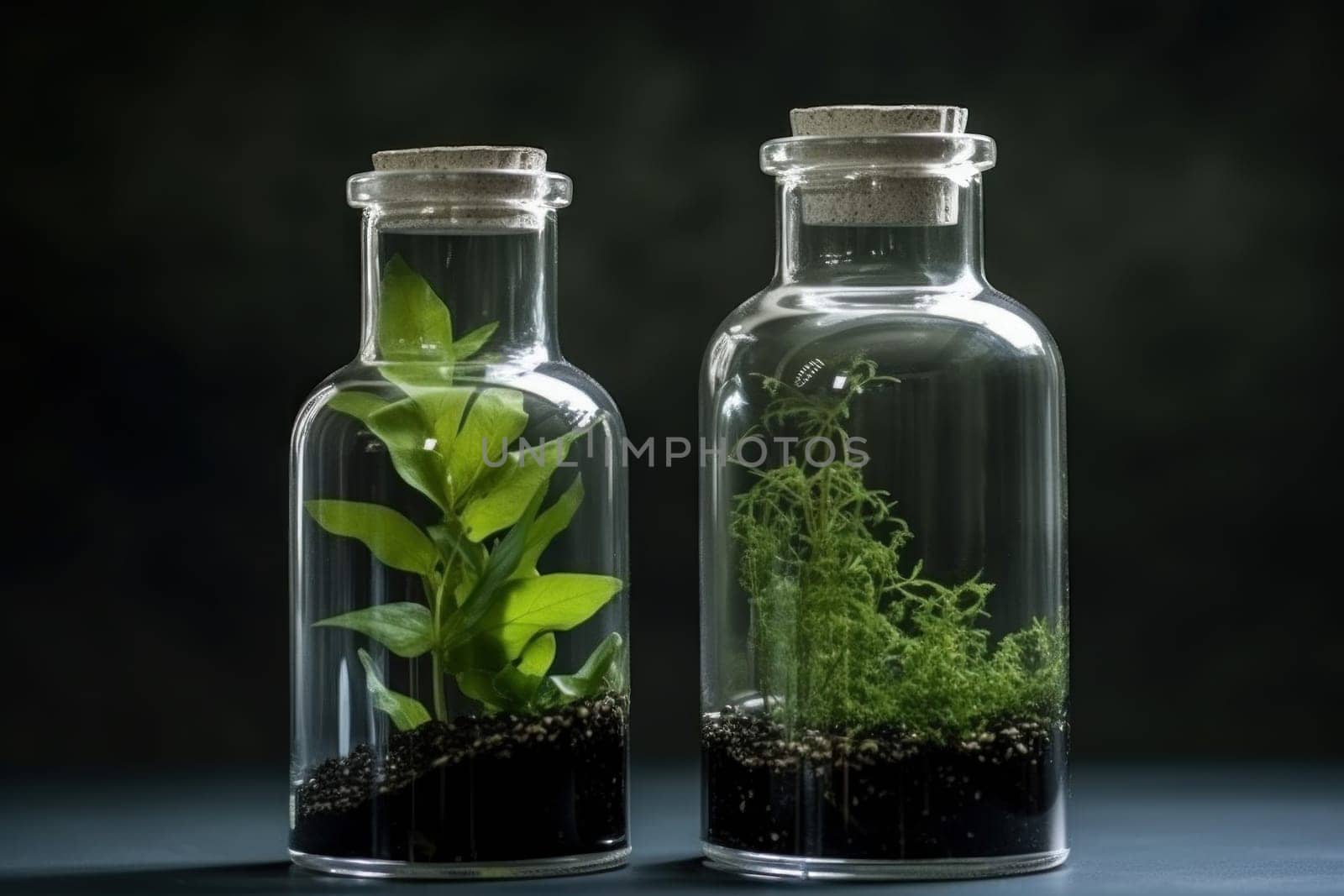 Glass bottle with green ecosystem flora. Generate Ai by ylivdesign