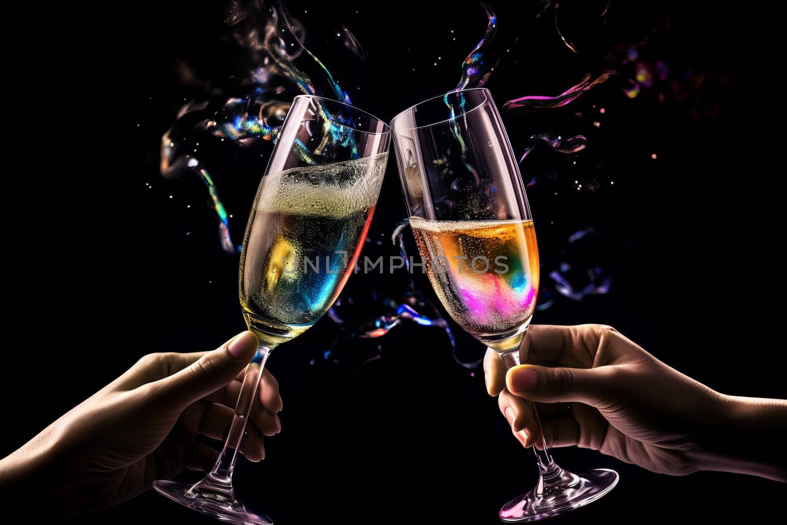 Colorful glass champagne. Cheers drink. Generate Ai