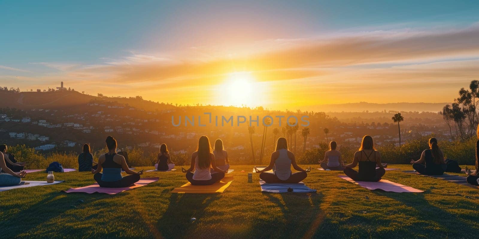 A serene yoga class at sunrise, participants in a tranquil outdoor setting, symbolizing peace and mindfulness. Resplendent.