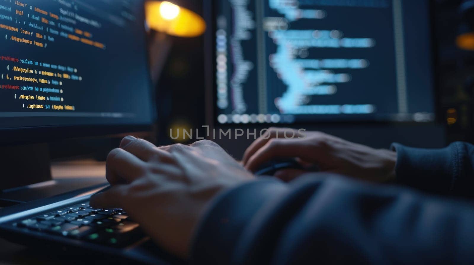 Close-up of a programmer's hands typing on a backlit keyboard, with lines of code displayed across multiple computer screens. AIG41