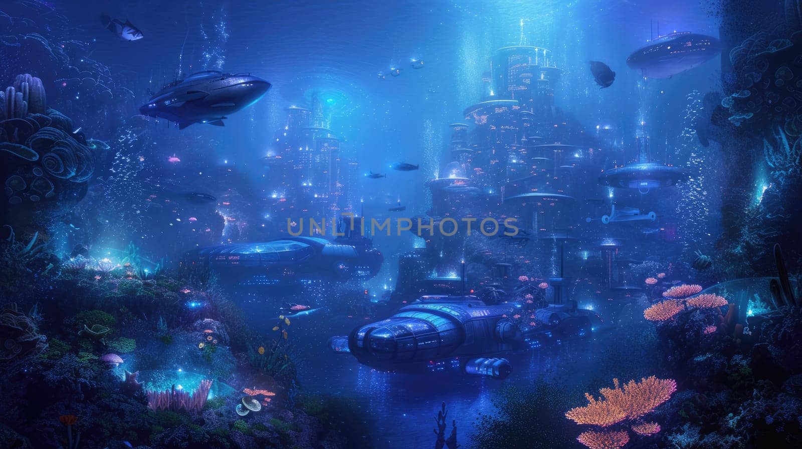 An underwater city with bioluminescent coral, schools of colorful fish, and ancient ruins, all illuminated by the eerie glow of an underwater volcano. Resplendent.