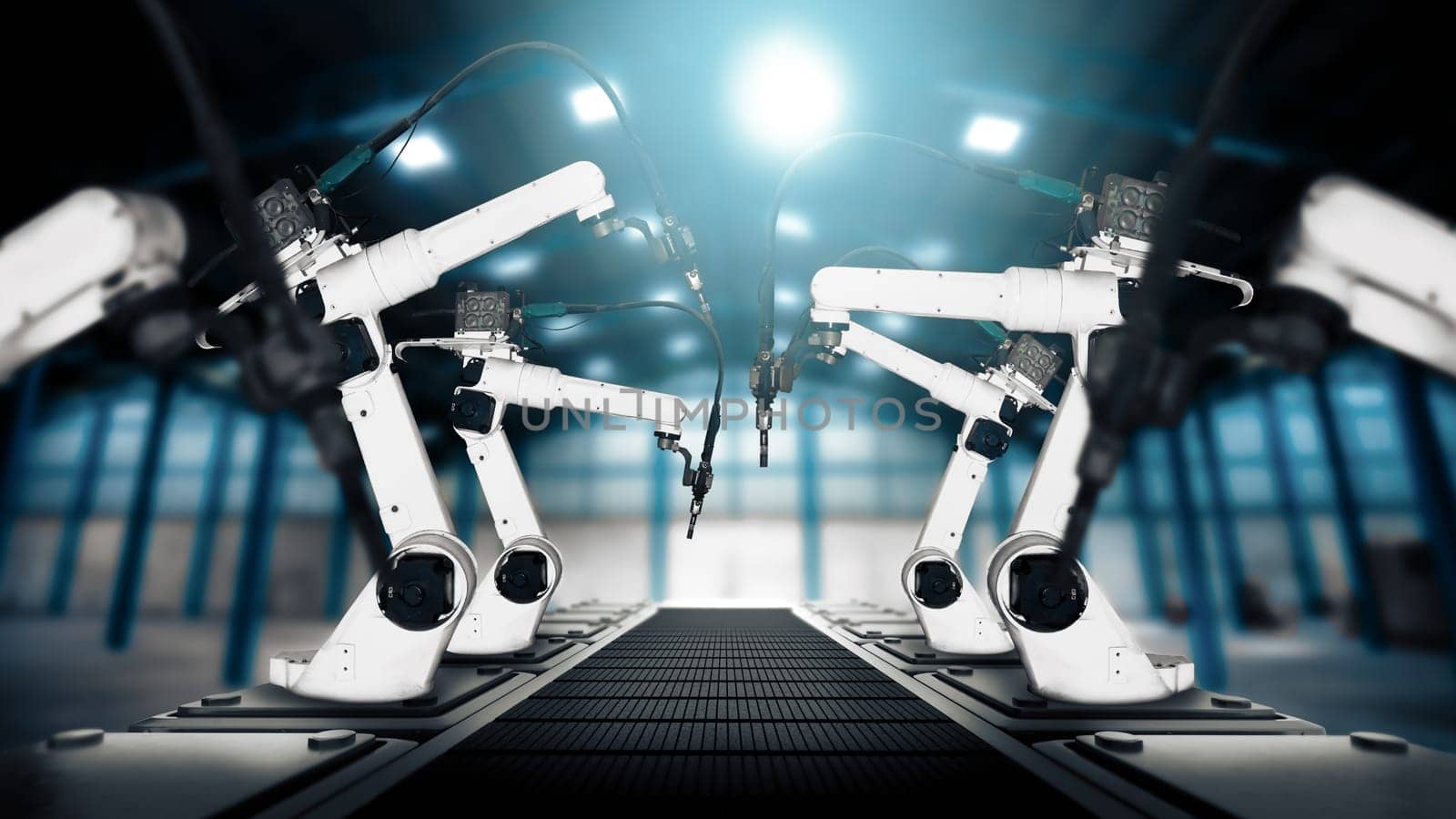 XAI Mechanized industry robot arm for assembly in factory production line. Concept of artificial intelligence for industrial revolution and automation manufacturing process.