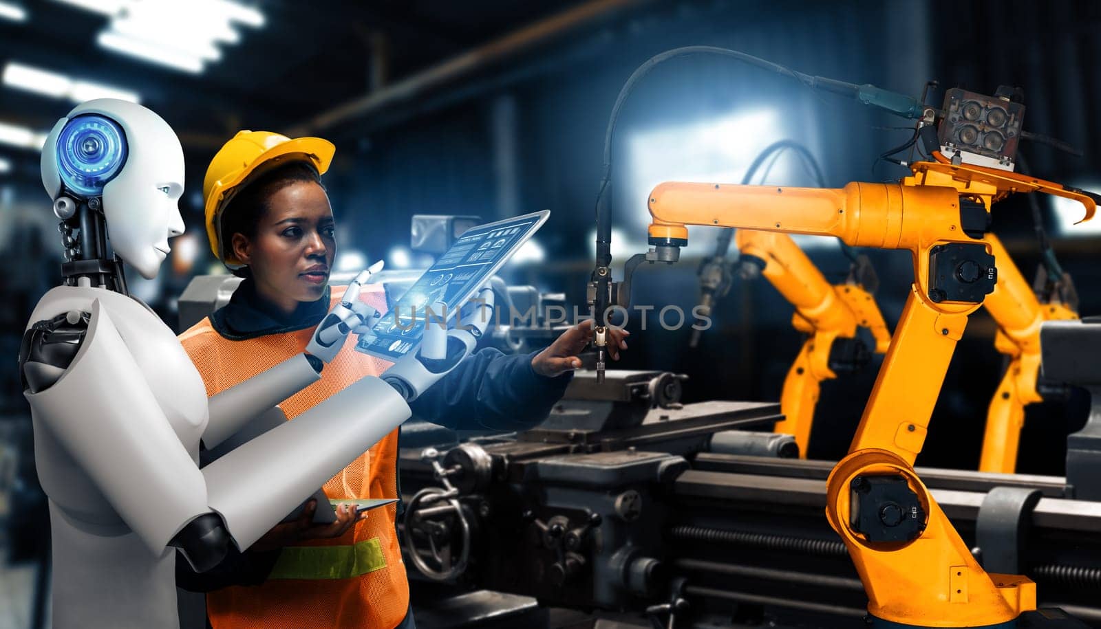 XAI Mechanized industry robot and human worker working together in future factory. Concept of artificial intelligence for industrial revolution and automation manufacturing process.